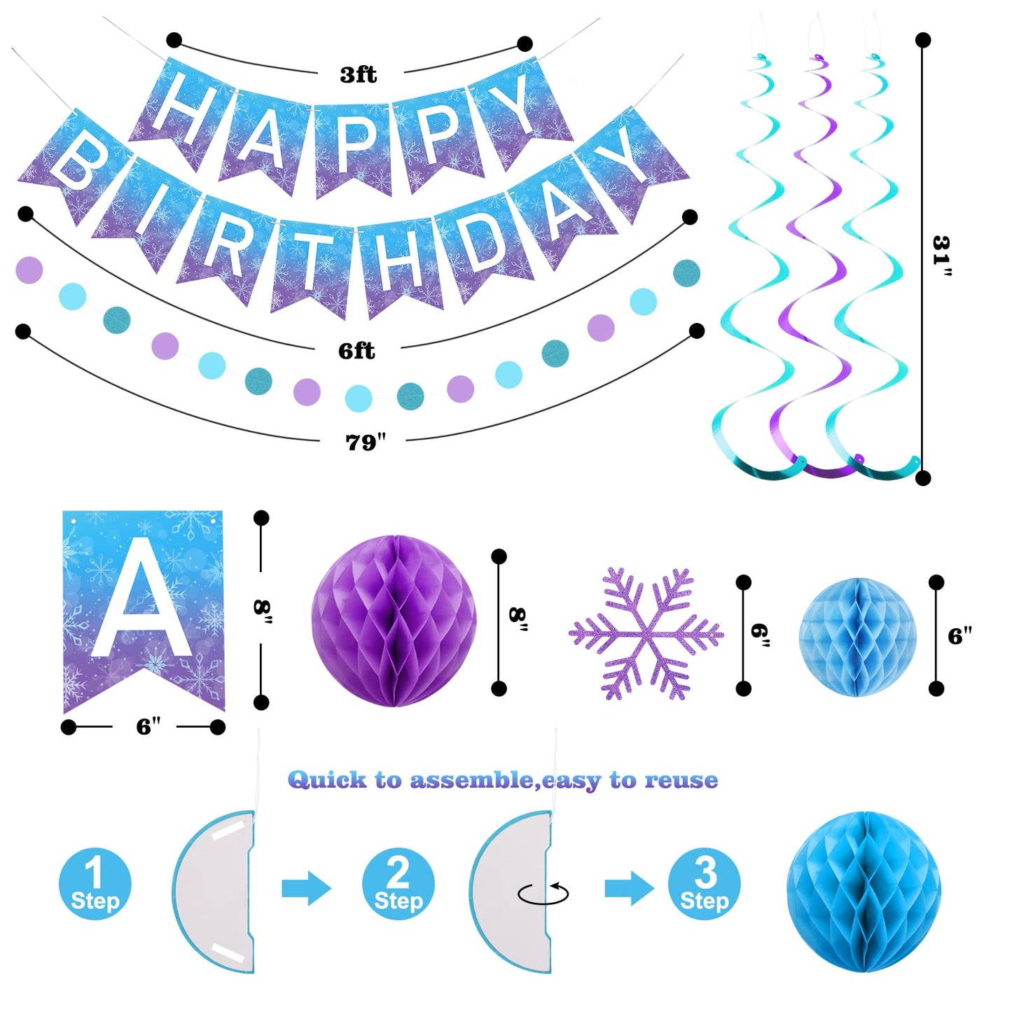 meowtastic Frozen Birthday Party Decorations - Happy Birthday Banner with Honeycomb Balls, Snowflake Hanging Swirls Streamers, Circle Dots Garland Decorations - Party Decor for Boys Girls (Frozen)