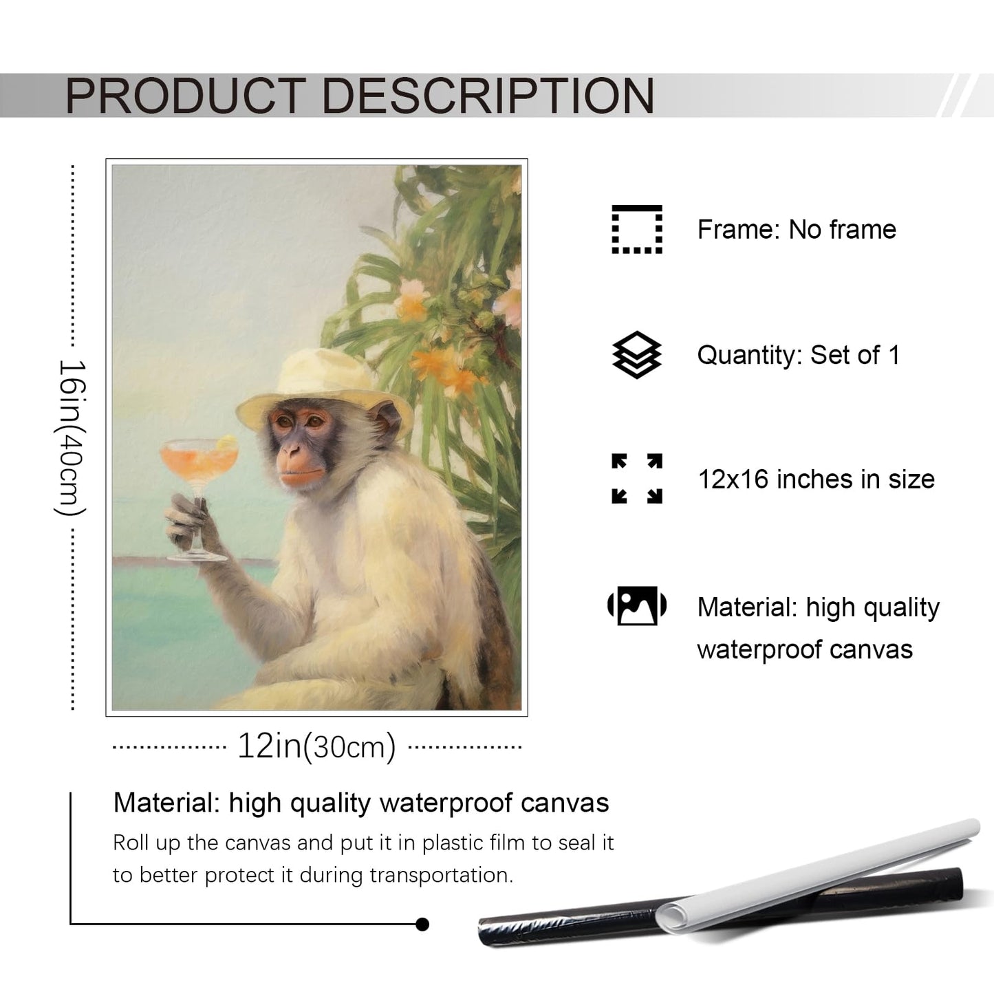Yuaruo Funky Monkey Cocktail Canvas Wall Art, Retro Bar Cart Room Aesthetic Poster, Cute Funny Animal Painting Print, Cute Monkey on Vacation Dorm Apartment Wall Decor 12x16in Unframed