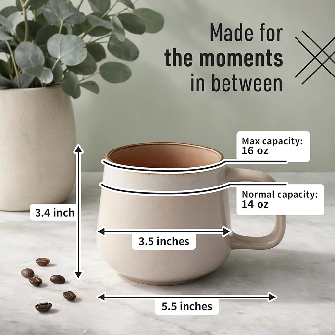 Ava Nord Large Ceramic Coffee Mugs Set of 4 | 16 oz Stoneware Coffee Cups | Lead-Free, Non-Toxic | Microwave and Dishwasher Safe | Comfortable Handle | Nordic Design for Tea, Cocoa, Latte | Rose Sand