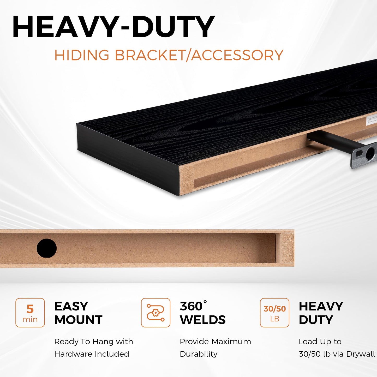 Fun Memories 32Inch Floating Shelves for Wall 2 Pack Wood Shelves for Kitchen, Bathroom, Bedroom Wall Mounted Rustic Wood Floating Shelf with Invisible Brackets for Books, Storage, Decor, Black