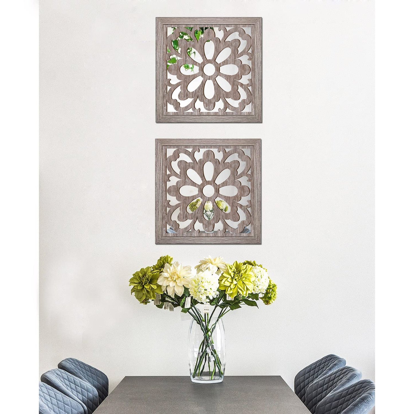 Yudarte 2pcs Set Square Mandala Cutout Wall Mirror Decor - Farmhouse Rustic Decorative Mirrors for Bedroom Bathroom Living Room Kitchen Entryway 12x12 Inches