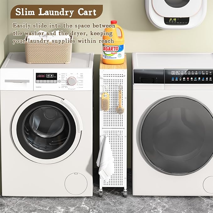 Utility Slim Storage Cart 4 Tier Small Rolling Kitchen Laundry Room Organization Cart with Wood Top Metal Narrow Laundry Room Shelves Cabinet Unit Laundry Organizer Trolley with Handle for Small space