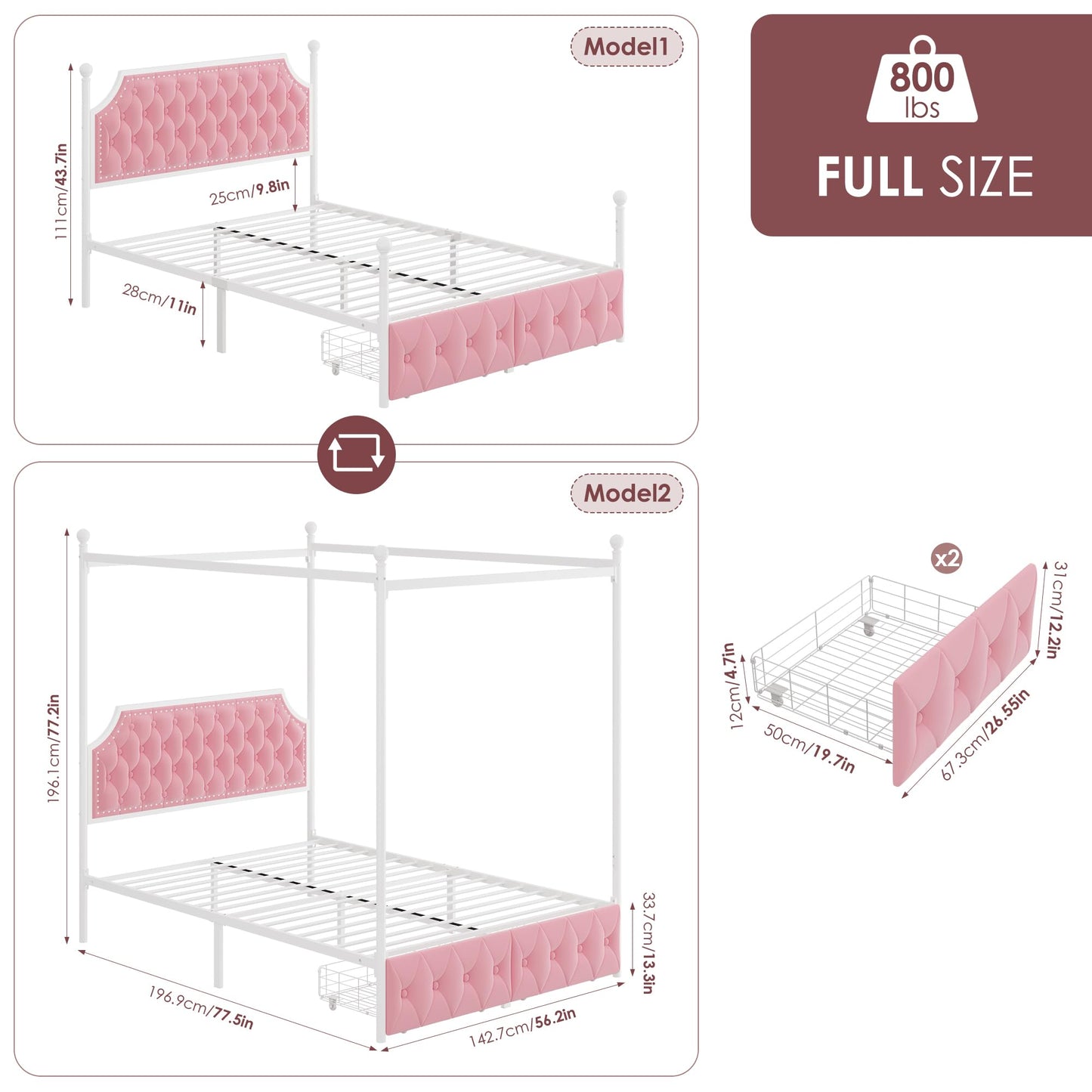 Keyluv Full Upholstered Canopy Bed Frame with 2 Storage Drawers & Button Tufted Headboard, Metal Platform Bed with 4 Removable Posts, Two-Purpose Velvet Bed, Pink/Curtain Not Included