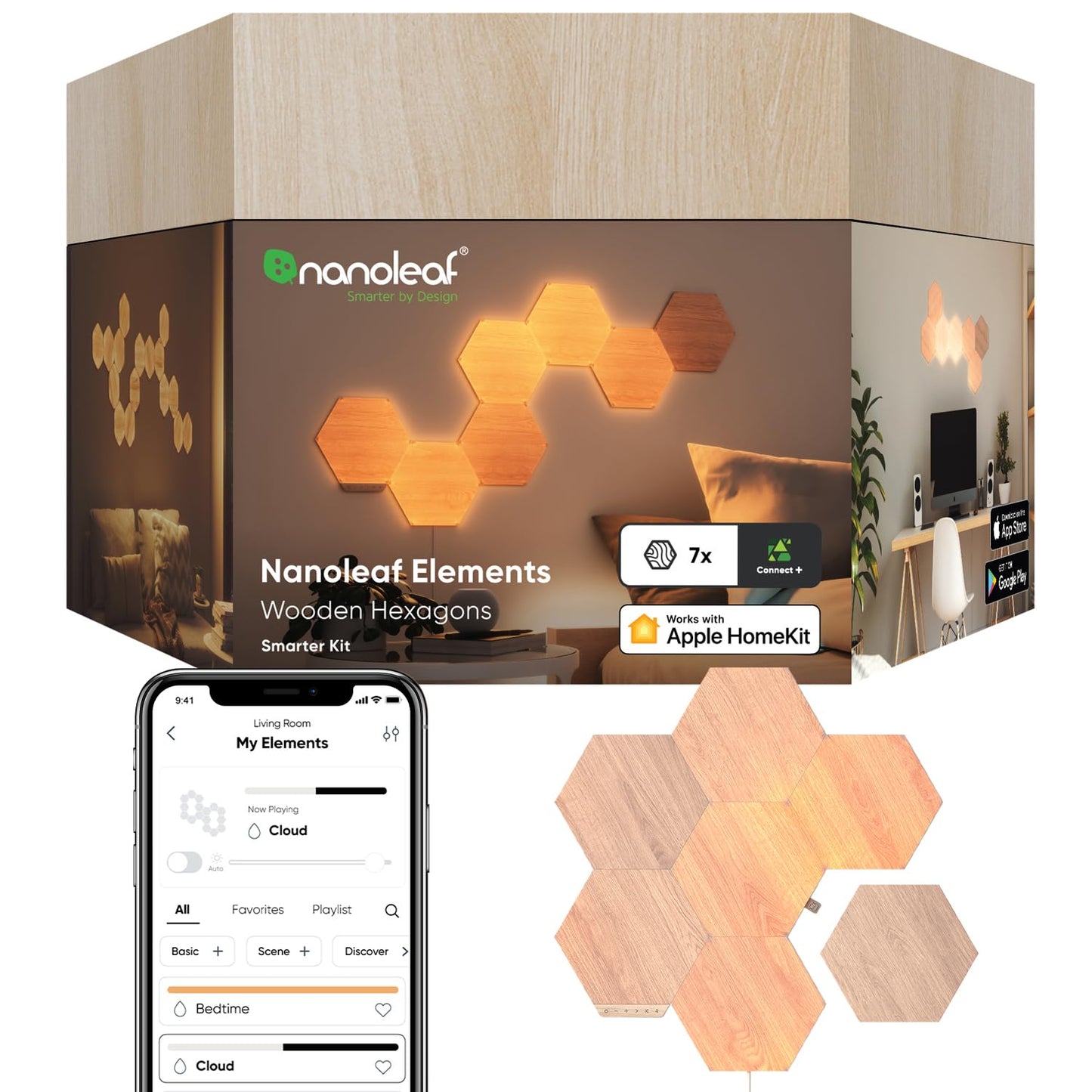 Nanoleaf Elements Wood Look Smart Wall Lights, Hexagon LED Wall Lights Compatible with Alexa Google Assistant, Home Wall Decor for Living Room with Music Sync, Touch Control, Ambient Lighting, 7 PK