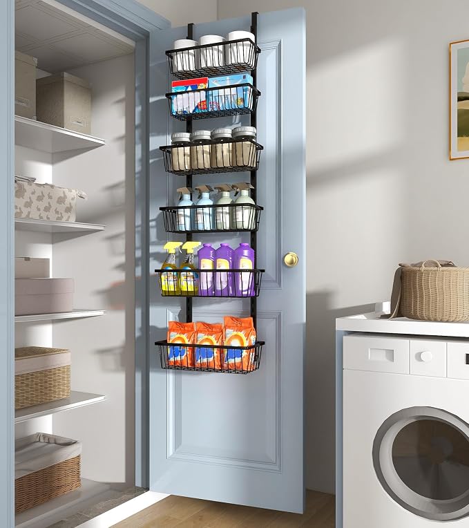Mefirt 12 Inch Wide Narrow Over The Door Pantry Organizer, Pantry Organization and Storage, Black Metal Hanging Deep Basket Wall Spice Rack Seasoning Shelves, Home & Kitchen Essentials, Apartment