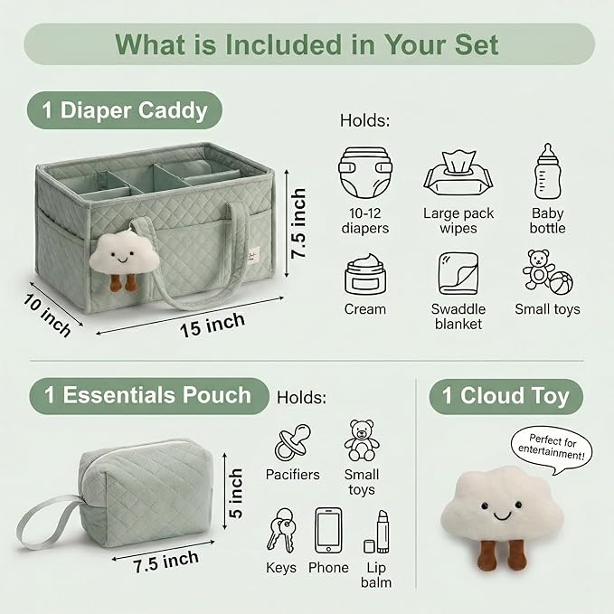 PeraBella Baby Diaper Caddy Organizer, Baby Basket Shower Gift, Portable Changing Table Basket, Postpartum Caddy & Tote Bag Pouch, Newborn Boy & Girl Nursery Essentials Registry, Car Diaper Organizer