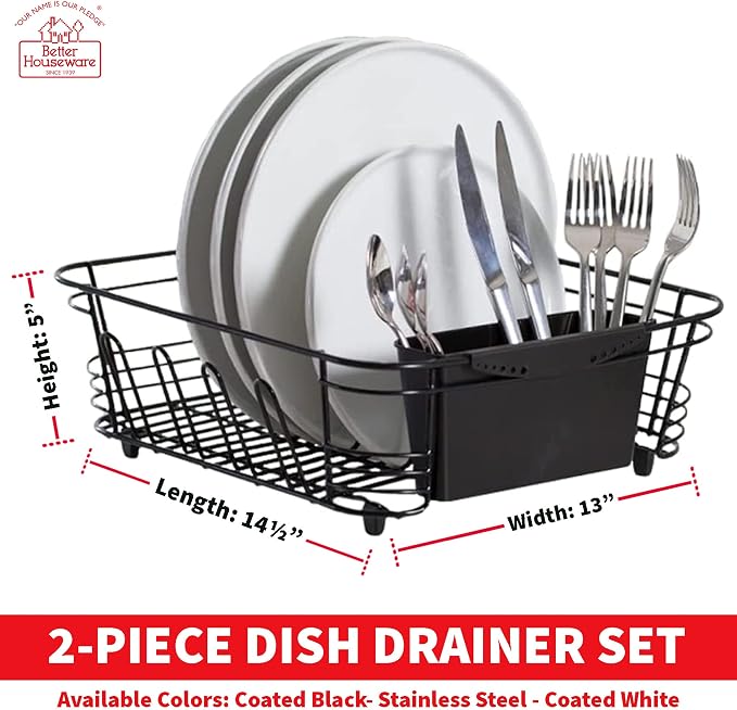 Better Houseware in-Sink Dish Drying Rack, Coated Steel, Black, 14.5 x 13 x 5 Inch, 2-Piece Set with Removable Utensil Caddy and Non-Slip Handles