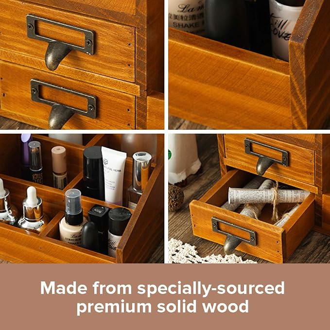 Wooden Farmhouse Makeup Vanity Tray - Rustic Skincare & Perfume Organizer - Bathroom Countertop Storage Box
