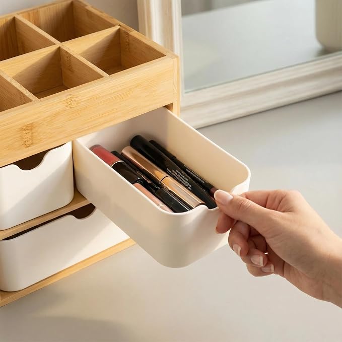 Bamboo Makeup Organizer with 3 Drawers, Dresser Cosmetic Organizer Box,Bamboo Desk Organizer for Home with Adjustable Dividers