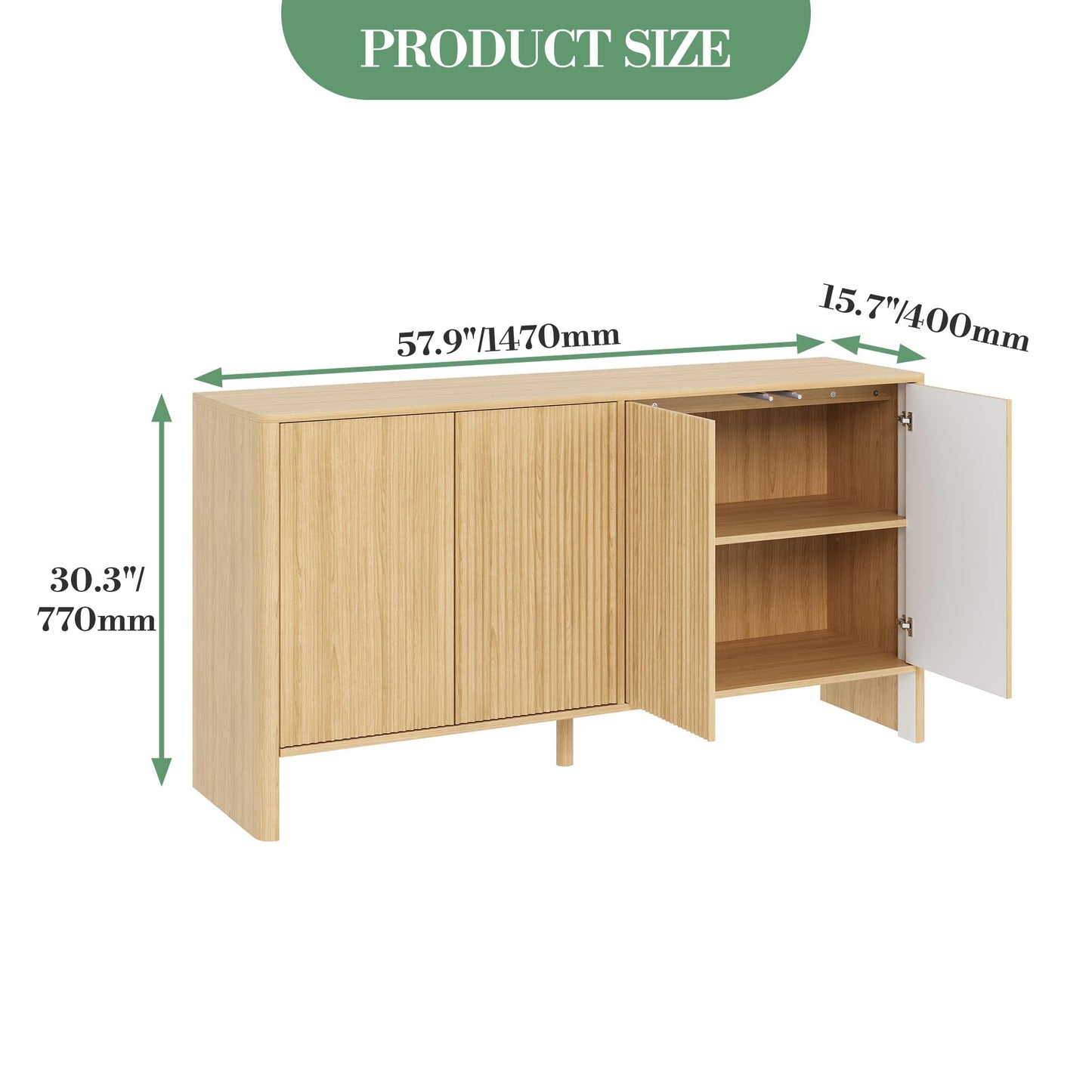 GAOMON 58inch Sideboard Buffets Cabinet, Large Wood Fluted Coffee Bar Cabinet Console Table with 4 Fluted Doors and Storage Adjustable Shelf for Living Room Kitchen Entryway, Natural Oak