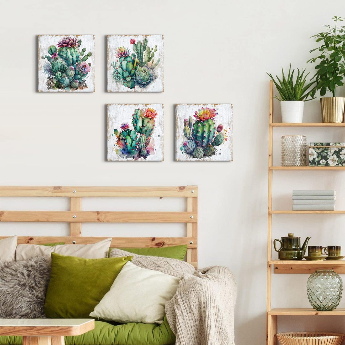Cactus Decor for Bathroom Succulent Cactus Wall Art Western Wall Decor Southwestern Botanical Plants Canvas Prints Mexican Boho Tropical Flowers Artwork Living room Office Home Decorations 12x12" 4Pcs