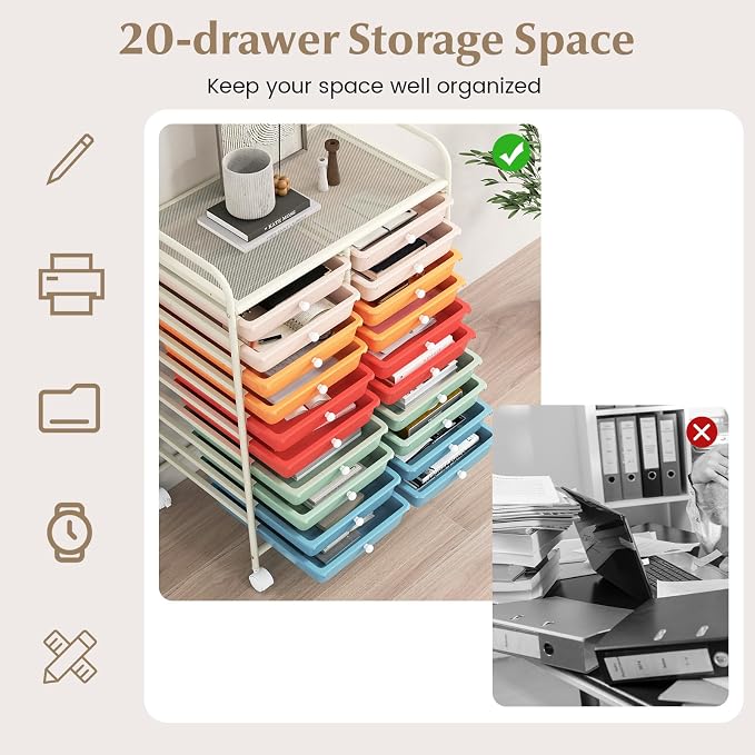 COSTWAY 20-Drawer Rolling Storage Cart, Multipurpose Storage Trolley on Wheels for Home Office, School, Macaron