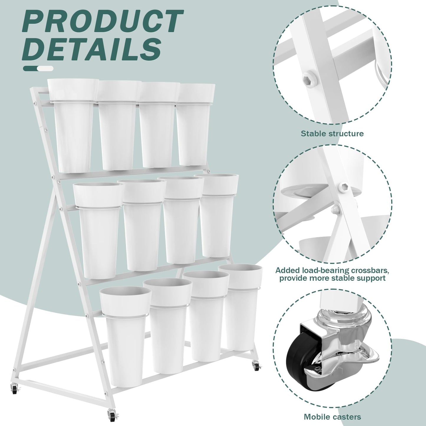 Asee'm Flower Display Stand with Buckets, 3 Layer Metal Flower Bar Stand, Heavy Duty Flowers Cart Display with Wheels Moving Plant Bouquet Shelf for Indoor Outdoor Patio Decor Terrace Wedding White