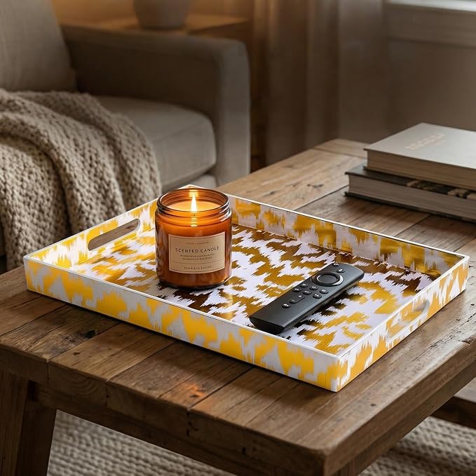 Decorative Serving Tray with Handles - 16" x 12" Large Rectangle Coffee Table Decor - Modern Gold Aesthetic Vanity Tray for Ottoman, Bedroom & Bathroom