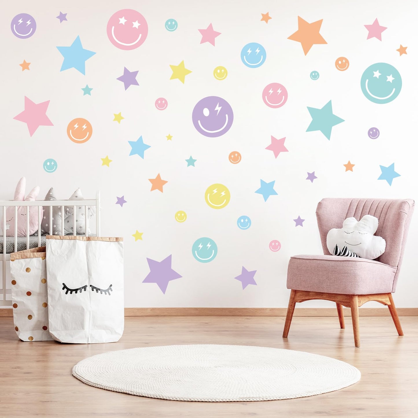 Whaline 12 Sheets Preppy Wall Stickers Pastel Smile Face Star Wall Decals Aesthetic Room Mural Stickers for Back to School Party Home Nursery, 7.9 x 11.8 Inch