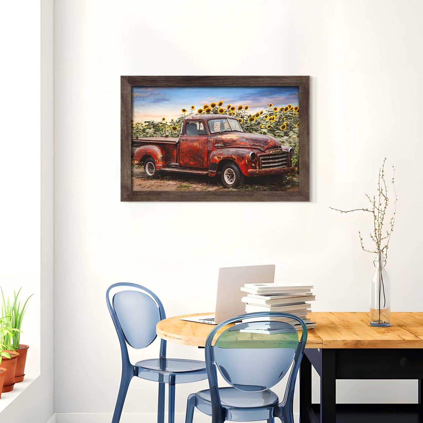 Countryside Landscape Framed Wall Art: Rustic Red Truck Painting Farm Wood Artwork Sunflower Picture Old Car Prints for Farmhouse Bedroom Decor