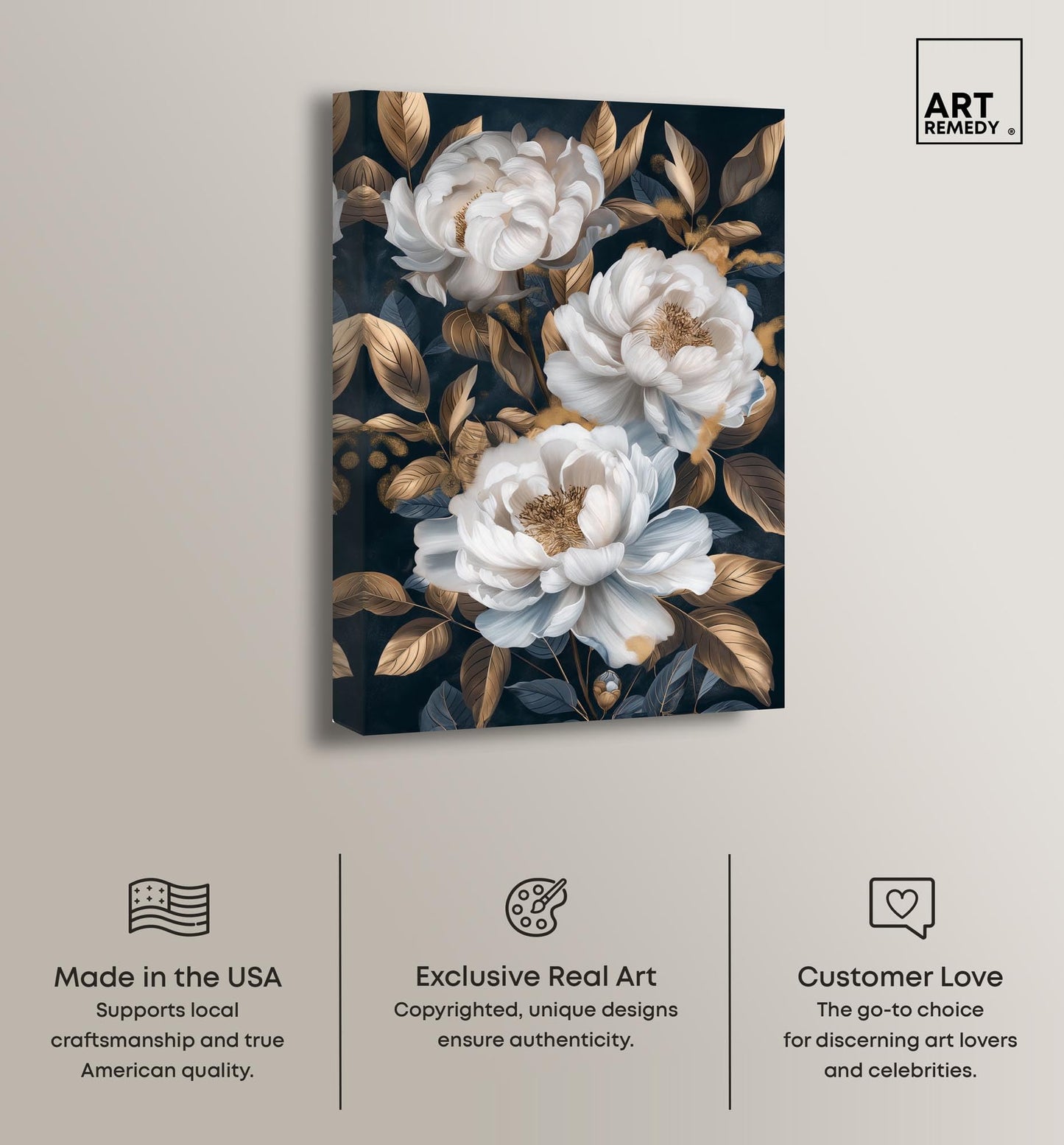 Art Remedy Golden Emblems in White I Canvas Luxury Floral Art, Gallery Wrapped, 16" x 24"