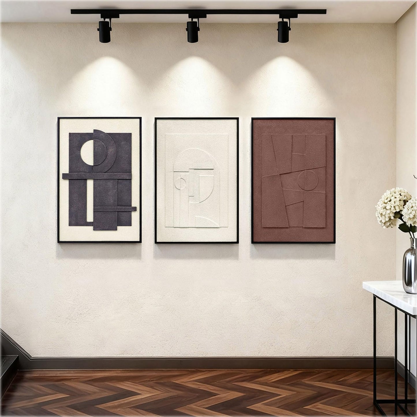 3D Textured Framed Wall Art, 3 Piece Neutral Artwork for Walls, Modern Minimalist Wall Paintings, White Black Geometric Texture Wall Decor for Living Room, Hallway, Office, 16x24In