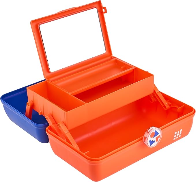 Caboodles School Spirit On-The-Go Girl Makeup Box, Blue Over Orange, Hard Plastic Makeup Organizer Box, Built-In Mirror, Secure Latch for Safe Travel, Spacious Storage for Large Items