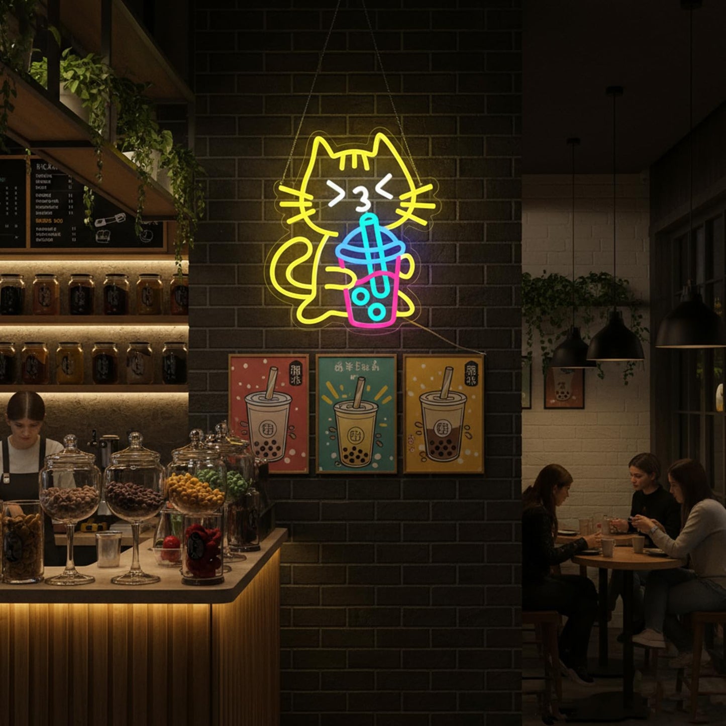 Sneignon Cat Boba Tea Neon Sign Yellow Cat Led Neon Signs for Wall Decor USB Bubble Tea Neon Light Cute Animal Neon Light Sign for Bedroom Dessert Bar Coffee Shop Kitchen Restaurant Party