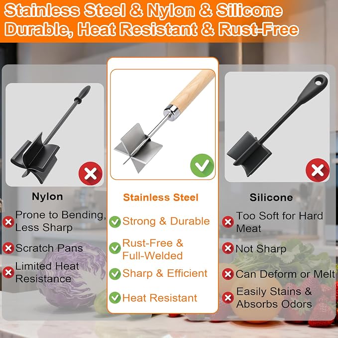 Palksky Meat Chopper Stainless Steel, 6 Curve Blades Meat Masher, 11 Inch Ground Beef Chopper Tool & Hamburger Smasher, Meat Pounder & Multi-Purpose Kitchen Tool