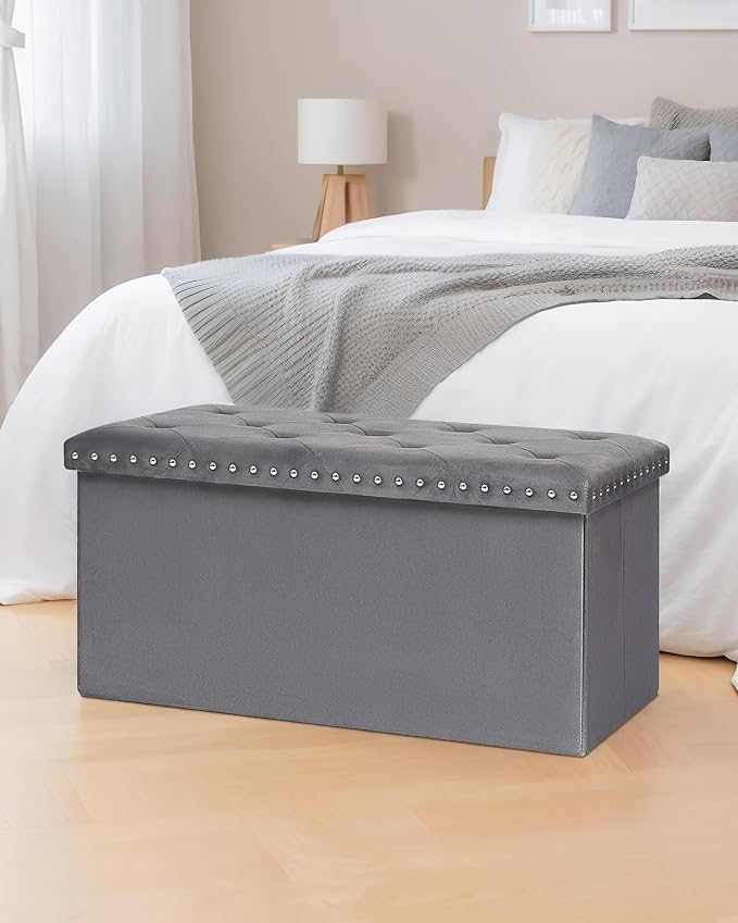 B FSOBEIIALEO Storage Ottoman Cube Folding Tufted Ottomanse, Storage Boxes Footrest for Bedroom, Luxury Velvet Fabric 30 * 15 * 15 Inches Grey