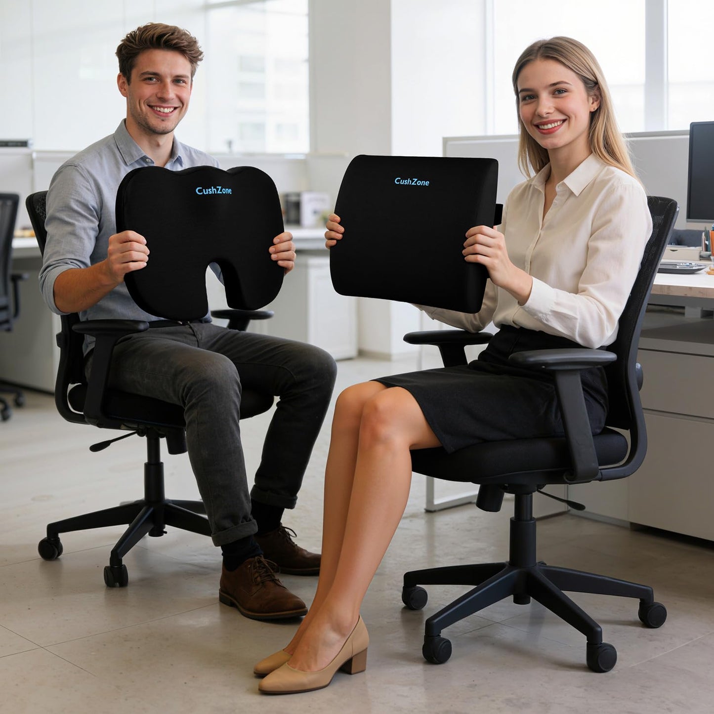 CushZone Ergonomic Seat Cushion & Lumbar Support Pillow - Memory Foam for Sciatica Pain Relief & Posture Correction, Non-Slip Chair Cushions for Office Chair/Car/Wheelchair/Travel (Black)