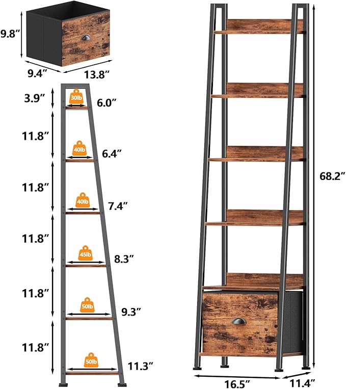 Furologee Bookshelf Set of 2, 6-Tier Ladder Shelf, Ladder Bookshelf with Drawer, Set of 2 Bookshelves, Metal Storage Shelf for Living Room, Home Office, Bedroom, Balcony,Kitchen, Rustic Brown