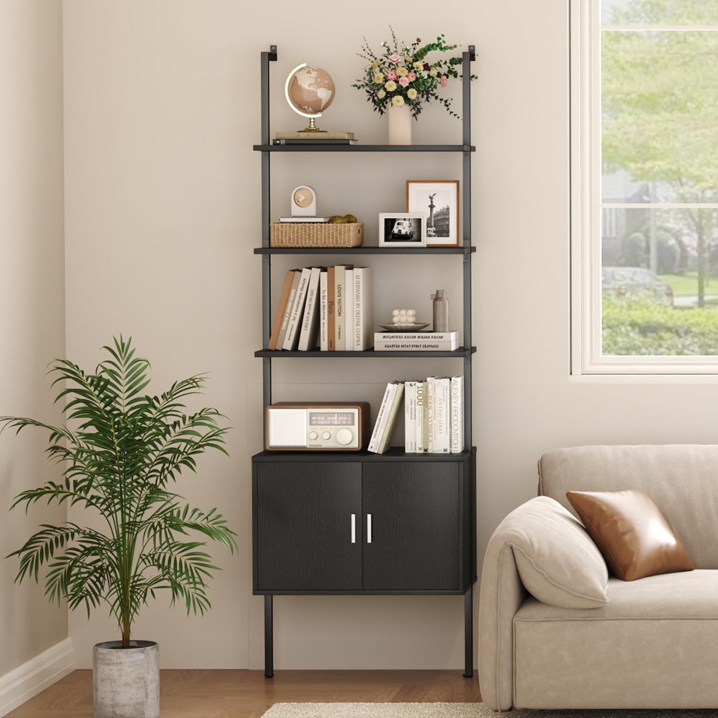 Yusong 73" Tall Bookshelf with Cabinet, Industrial Ladder Wall Mount Shelf Bookcase with Wood and Metal Frame, Plant Shelf Wall Storage Display for Living Room Bedroom, Black Wood Grain