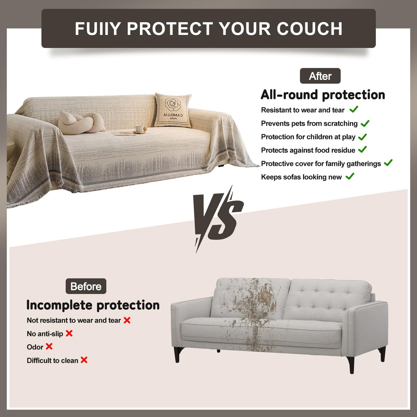 ROOMLIFE Gray Couch Cover for 3 Cushion Couch Sofa Cover for Dogs, Furniture Protector Covers for Pets, Washable Non-Slip Soft Chenille Sofa Slipcover, Couch Throw Blankets with Tassels 71 '' X 134''