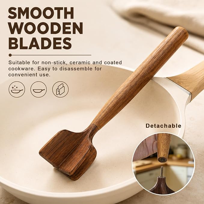 Teak Wooden Meat Chopper 3-Piece Set, Ground Beef Masher,Burger Crusher, Natural Non-Stick Durable Meat Hammer, Includes Wooden Scraper and Cleaning Brush