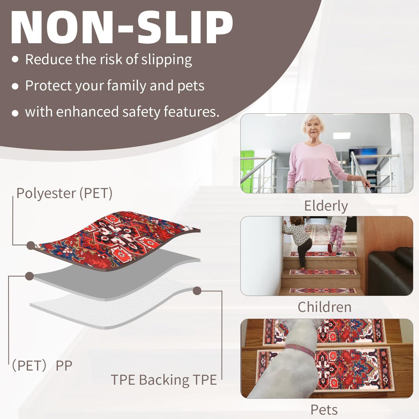 Stair Treads Non Slip 15 Pack 8" X 30" Stair Treads for Wooden Steps, Washable Self Adhesive Stair Runners Stain Resistant Stair Carpet, Edging Staircase for Kids Elders and Dogs (Style 1)