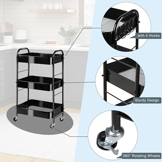 SUNLPH 3-Tier Rolling Utility Cart with Stopper Caster Wheels and 4 Hooks, Easy Assembly, for Kitchen, Bathroom, Living Room, Office (17.7”L x 12.2”W x 29.1”H, Black)