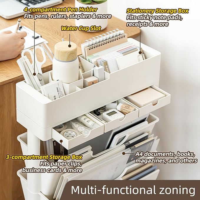 5 Tier Rolling Book Cart Multi-Functional Movable Storage Bookshelves with Lockable Wheels for Study Office Library Classroom, White (Whtie, with Wheel)