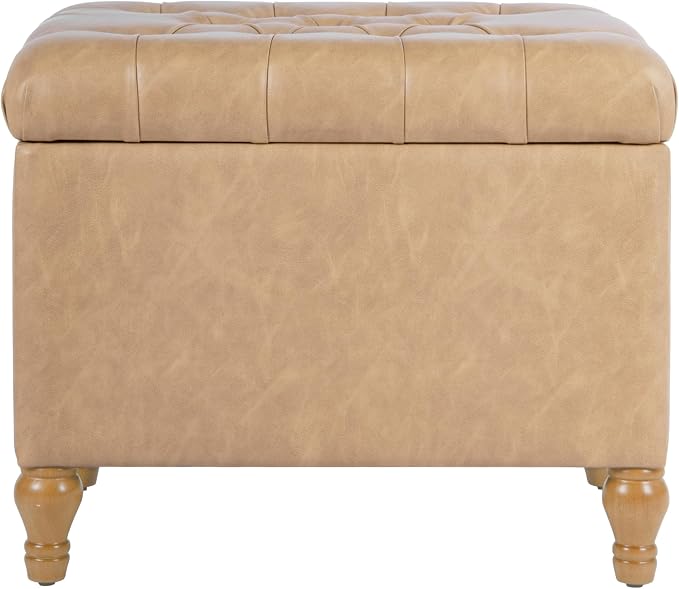 Spatial Order Home Decor | Upholstered Button Tufted Storage Ottoman | Hinged Lid Ottoman with Storage for Living Room & Bedroom | Decorative Home Furniture (Sand Faux Leather)