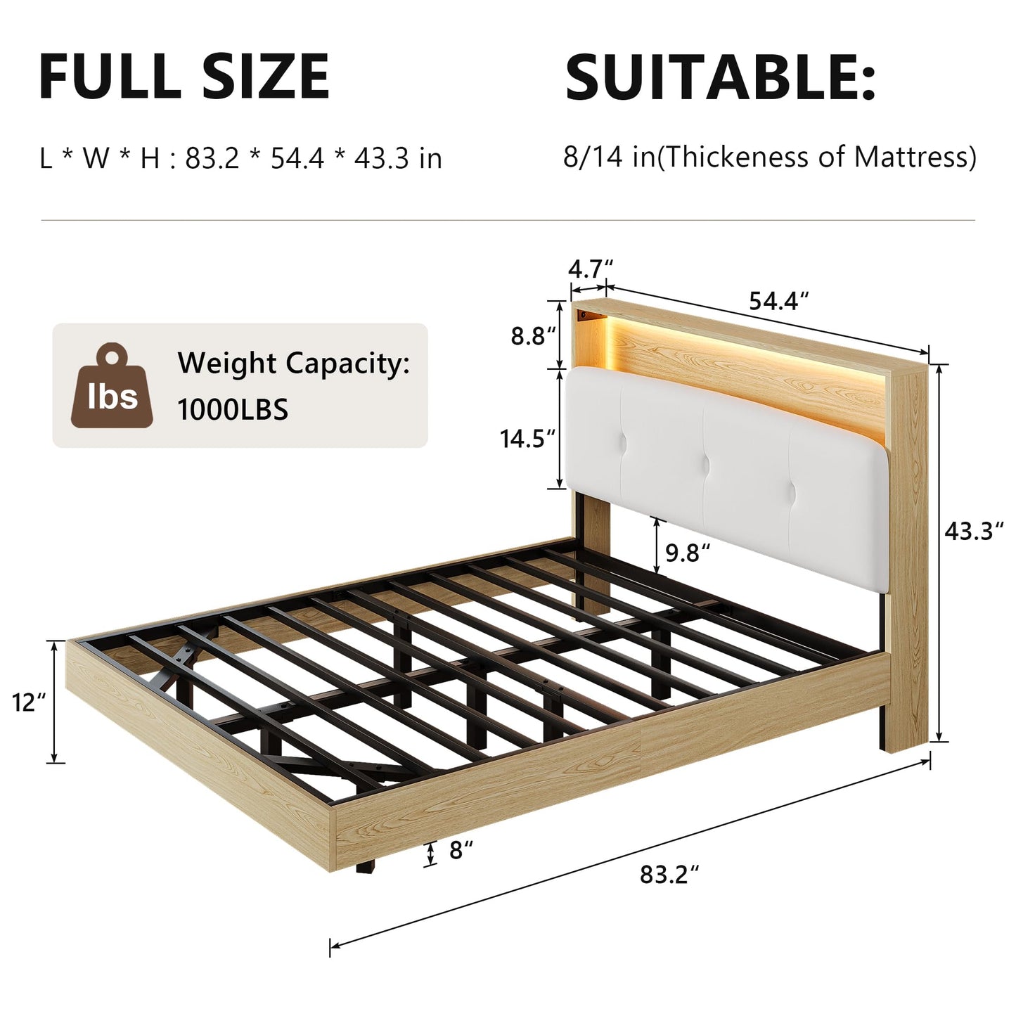 Einhomn Floating Bed Frame Full with 2-Tier Storage Velvet Fabric Upholstered Headboard, Wooden Platform Bed Frame w/Charging Station & LED Lights, Metal Slats Support, No Box Spring Needed, Natural