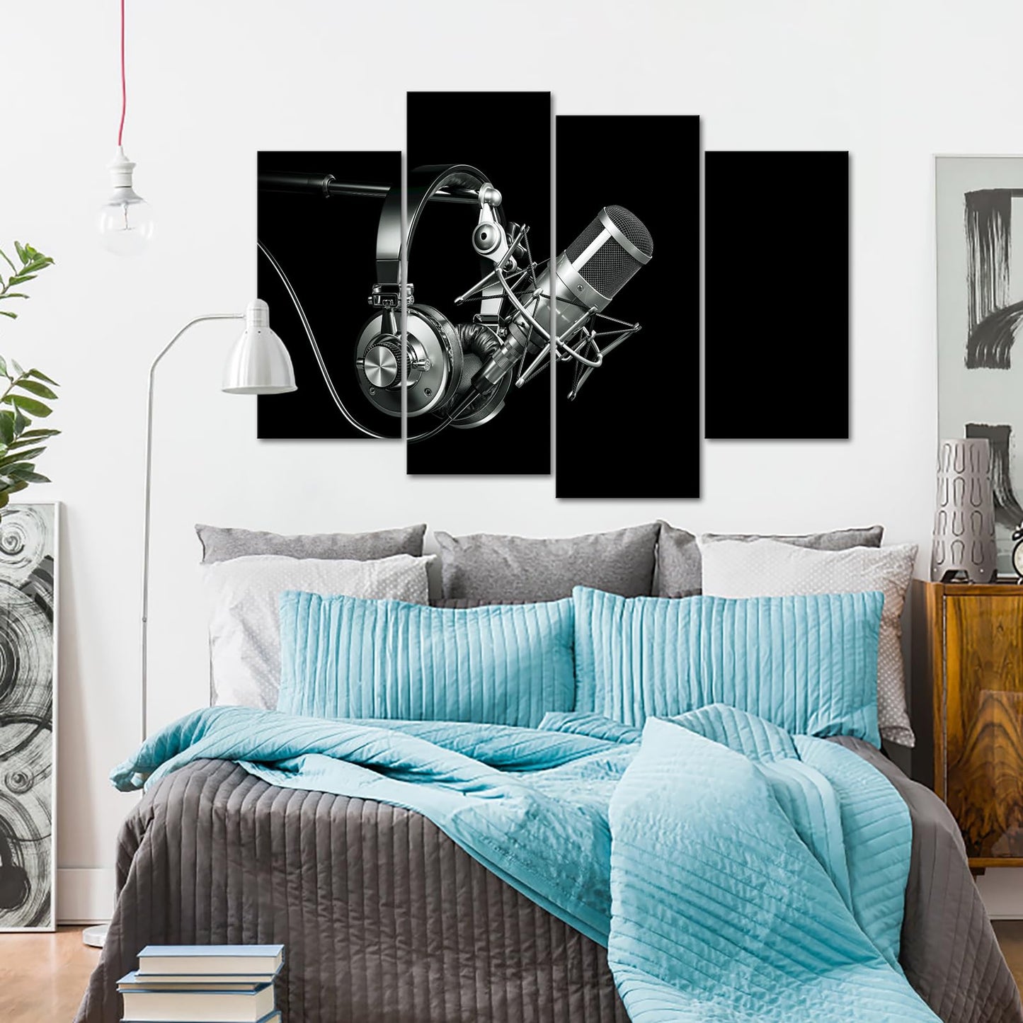 iKNOW FOTO 4pcs Black and White Headphones on Microphone Stand Canvas Print Wall Art Audio Recording Studio Equipment Pictures Musical Painting Contemporary Music Room Decorations 48x33