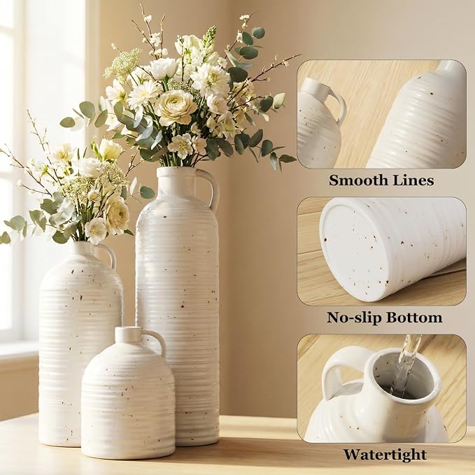 Firehold Ceramic Vase Set of 3, Rustic Farmhouse Boho Vases, Textured Country Home Decor, Small Decorative Vases for Shelves Mantel Table, Gift Set for Dried Pampas Grass & Fresh Flowers (White)