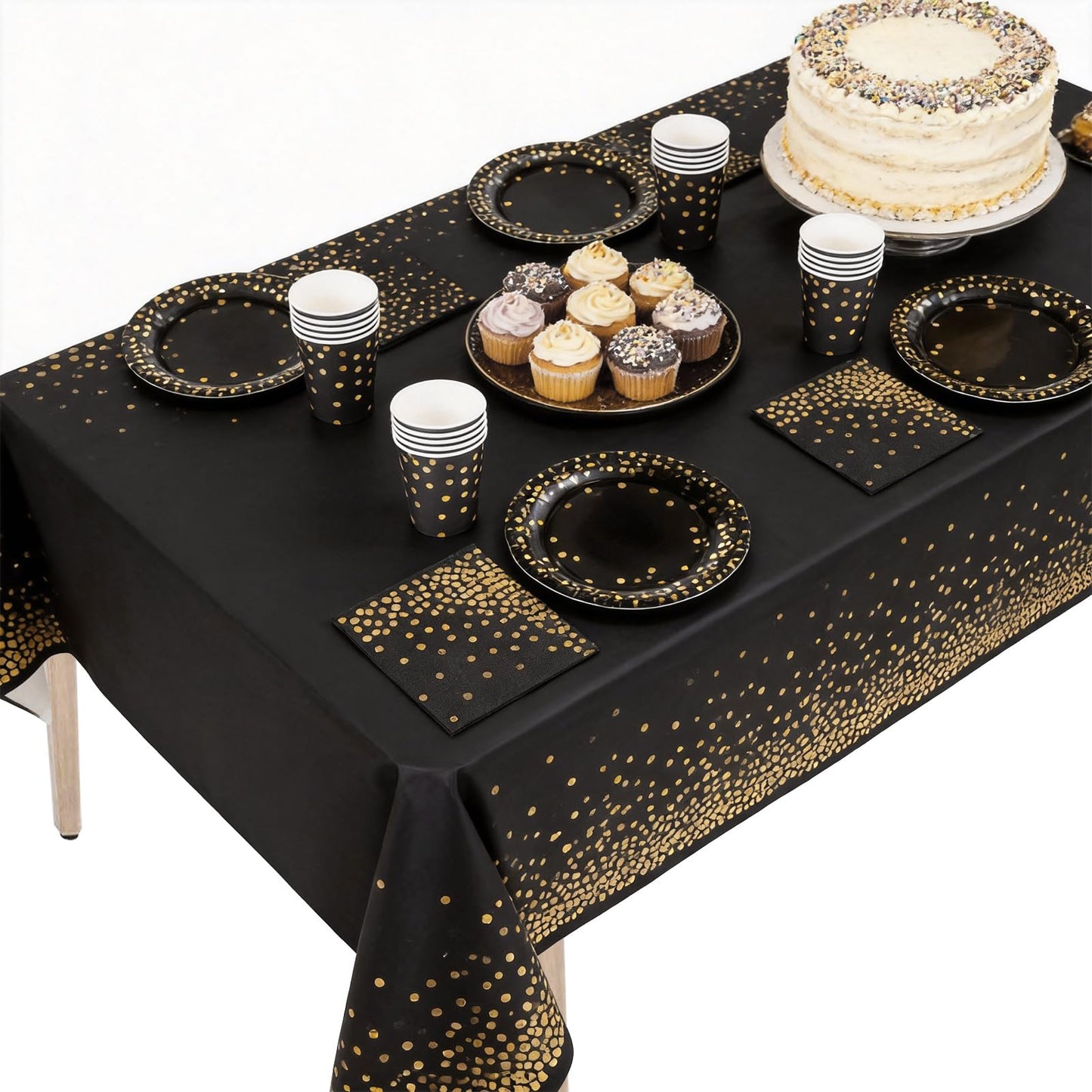 PHOGARY 61 Pcs Black Gold Disposable Tableware Set, Paper Plates and Napkins Party Supplies Dinnerware Golden Dot Black Plates Cups Straws Napkins Plastic Tablecloths for Birthday Party Decorations