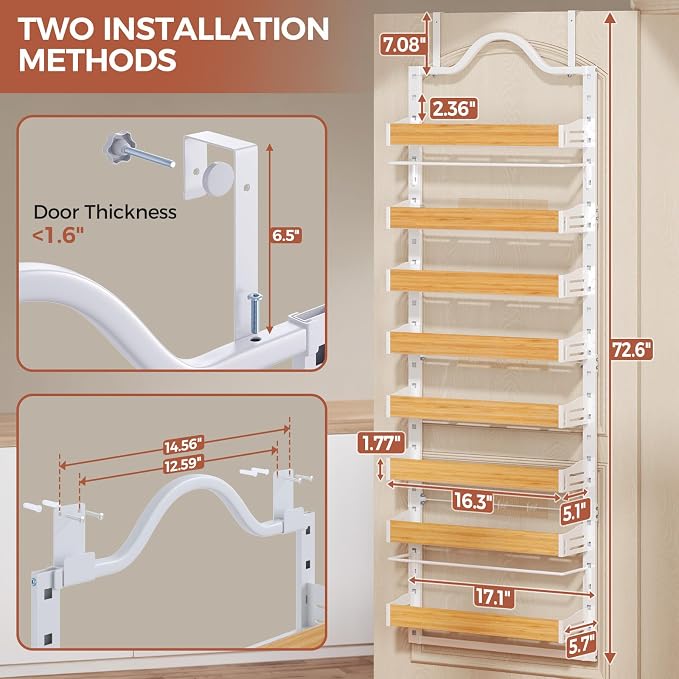 8-Tier Pantry Door Organizer, Over the Door Pantry Organizer with Wooden Adjustable Baskets, 2 IN 1 Spice Rack Wall Mount or Door Organizer, Door Spice Rack for Pantry（72.6×17.1×5.1in,White)
