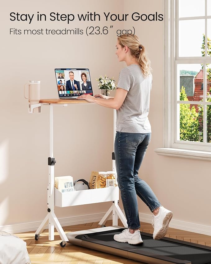 ErGear Mobile Standing Desk with Wheels, Adjustable Height 28.3″ to 46.1″, Rolling Laptop Cart with Cup Holder, Storage Basket, Computer & Pen Slot, Home Office Stand Up Desk, Light Vintage Brown