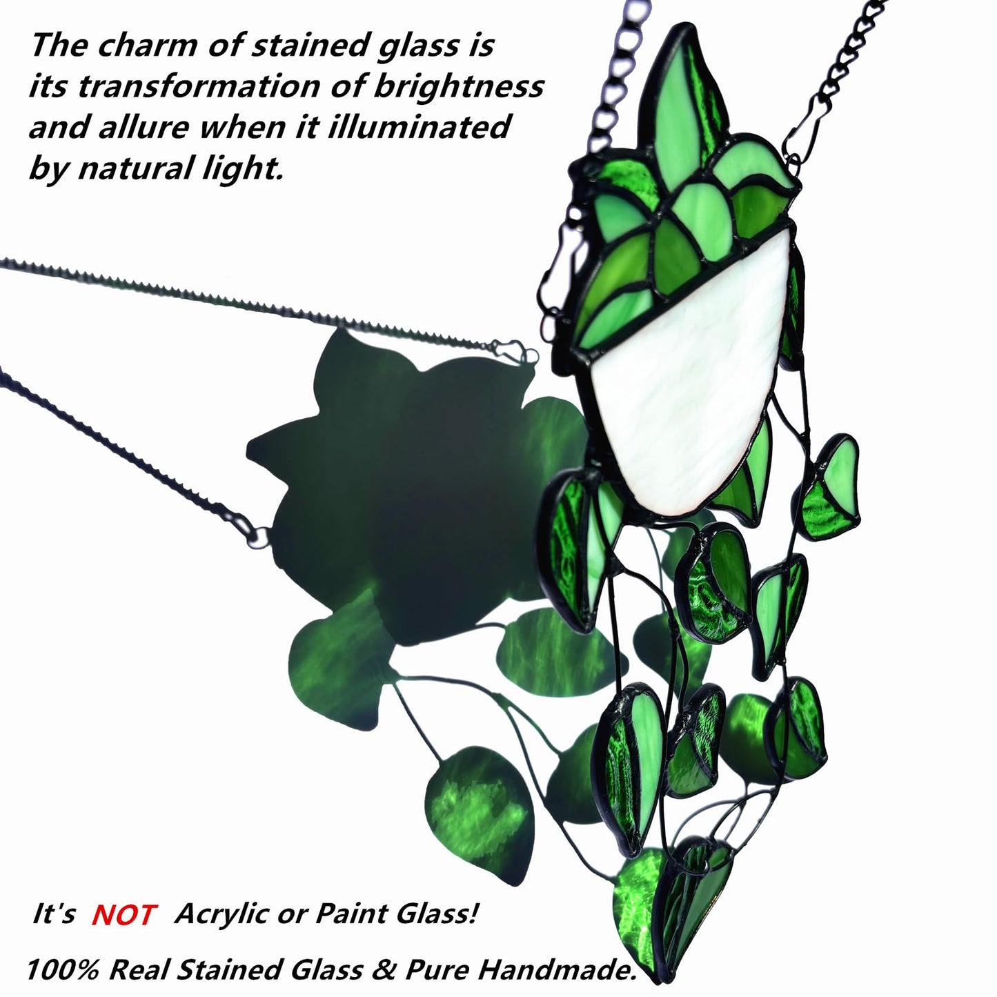 Lcensp Green Faux Plants Stained Glass Window Hanging Suncatcher, Artificial Plants Decor Gift for Women, Stain Glass Sun Catchers Indoor Window, Handcrafted Home Wall Art Decoration Ornament.