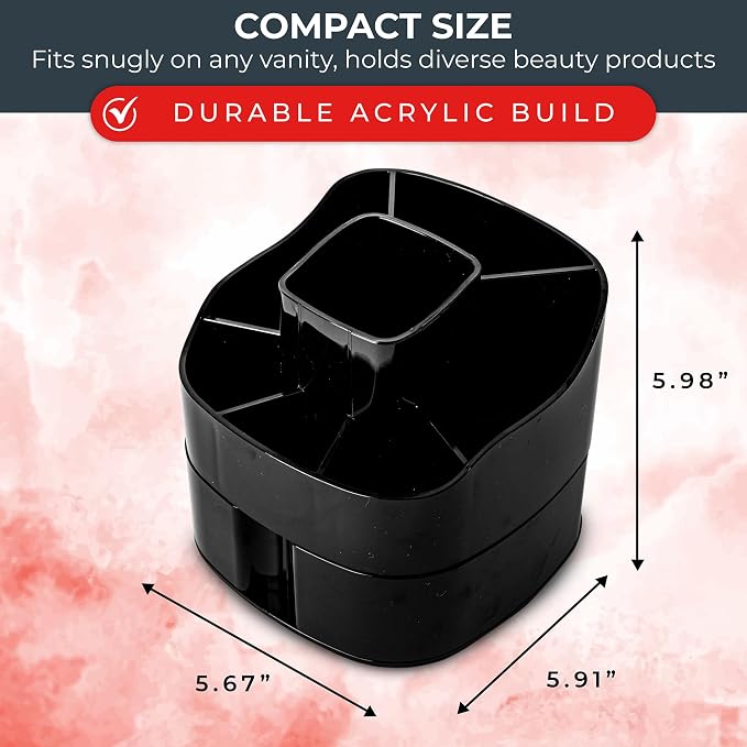 Masirs 360° Rotating Makeup Organizer for Vanity – Small Acrylic Cosmetic Storage Caddy with 5 Compartments, Mini Lazy Susan Turntable for Bathroom Counter, Skincare, Perfume, Brushes, Black