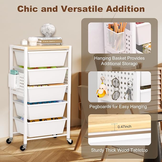 Rolling Cart with Drawers, Rolling Storage Cart with 6 Large Plastic Drawers & Wooden Tabletop, Utility Cart with Pegboards & Basket, Storage Drawers Cart for Living Room, Classroom, Bedroom, Office