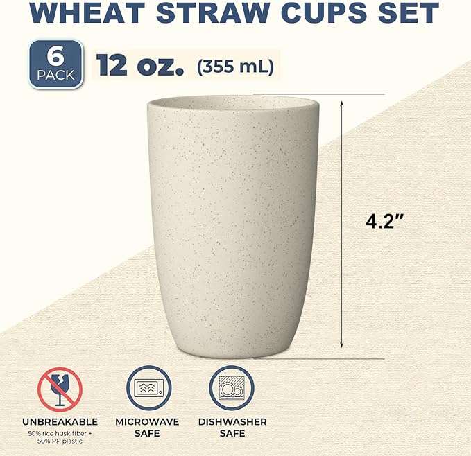 Wrova Wheat Straw Cups 6 PCS Good Alternative to Plastic Reusable Cups 12 oz Unbreakable Drinking Cup Reusable Dishwasher Safe Water Plastic Glasses Beige