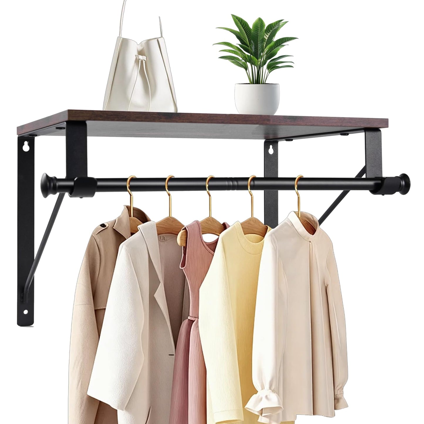 Wall Mounted Closet Organizer with Adjustable Hanging Rod and Storage Shelf, Heavy Duty Closet Shelf with Hanging Rod, Space Saving Wall Hanging Rack for Bedroom, Bathroom, Laundry Room, Kitchen