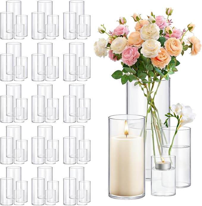 64 Pack Thick Glass Cylinder Vases 4,6,9,12 Inch Tall Clear Flower Vase Hurricane Floating Candle Holder for Table Centerpiece Wedding Home Decor