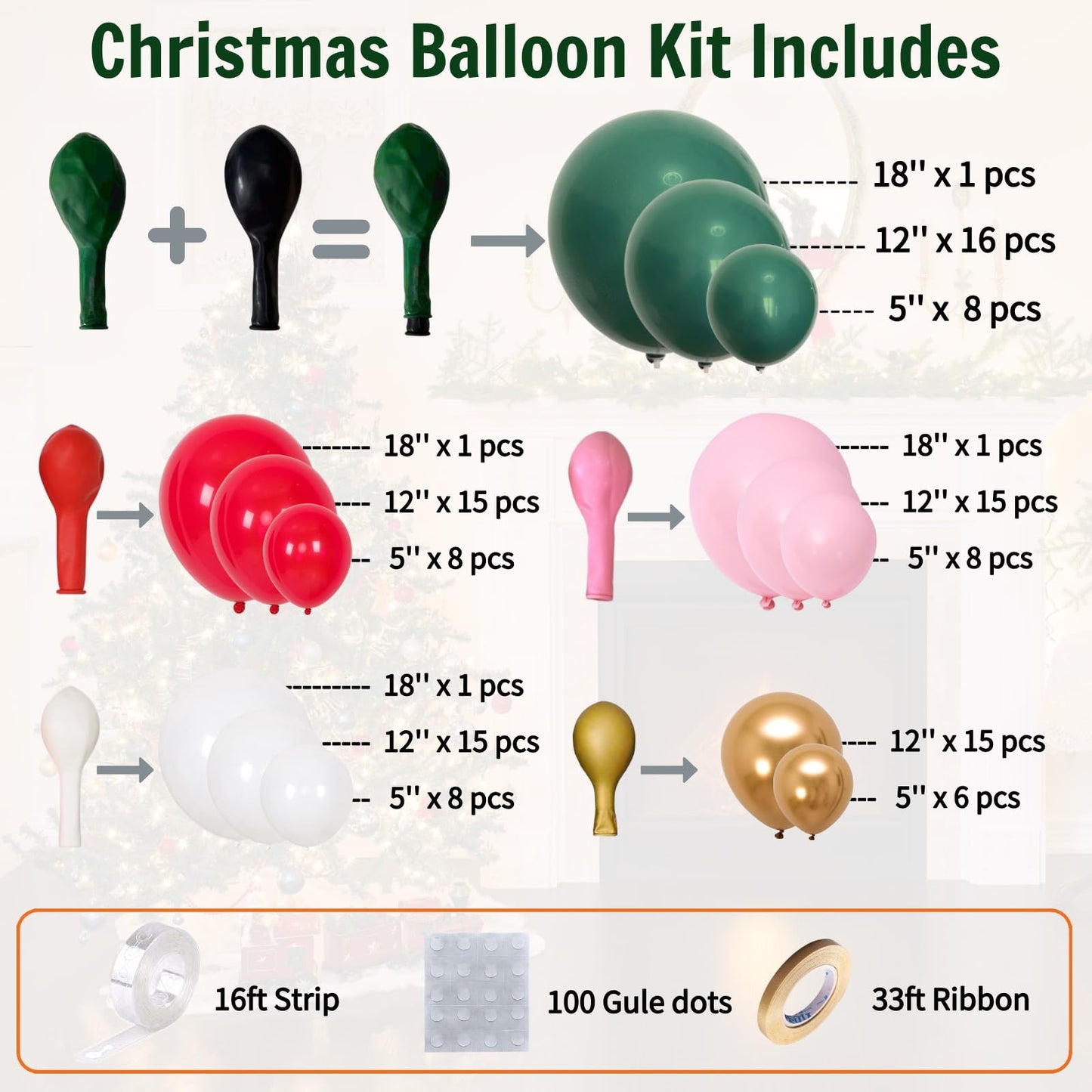 Christmas Balloon Arch Kit – 143pcs Double Stuffed Green, Red, Green, White, Pink & Gold Balloons Garland, Xmas Balloon Arch Decorations for Holiday Party, Merry Christmas Balloons Decor Supplies