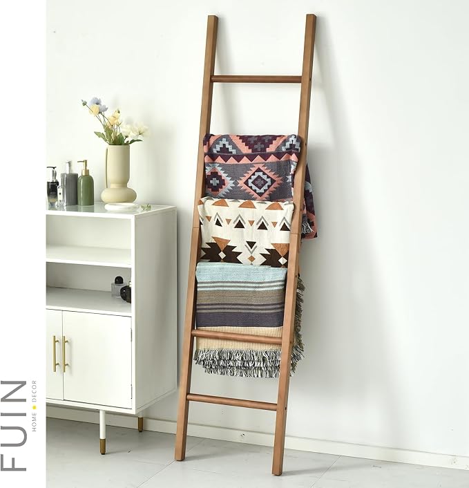 FUIN 6ft Wooden Natural Blanket Ladder Living Room Decorative Wall Leaning Farmhouse Quilt Display Holder Rustic Wood Towel Rack for Bathroom