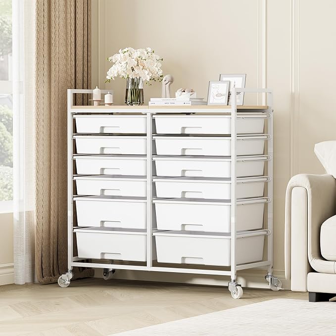 Rolling Storage Cart with 12 Drawers, Wooden Tabletop Utility Cart for Craft Storage, Art Supply Storage & Home Office Organization, Teacher Cart with Wheels for Classroom, School (White)